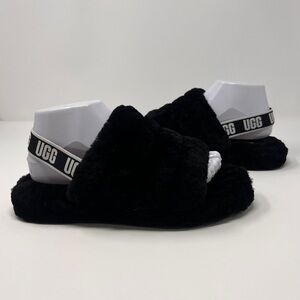 UGG Black Sherpa Fluff Yeah Platform Slide Sandal Slippers Size 6 Women's